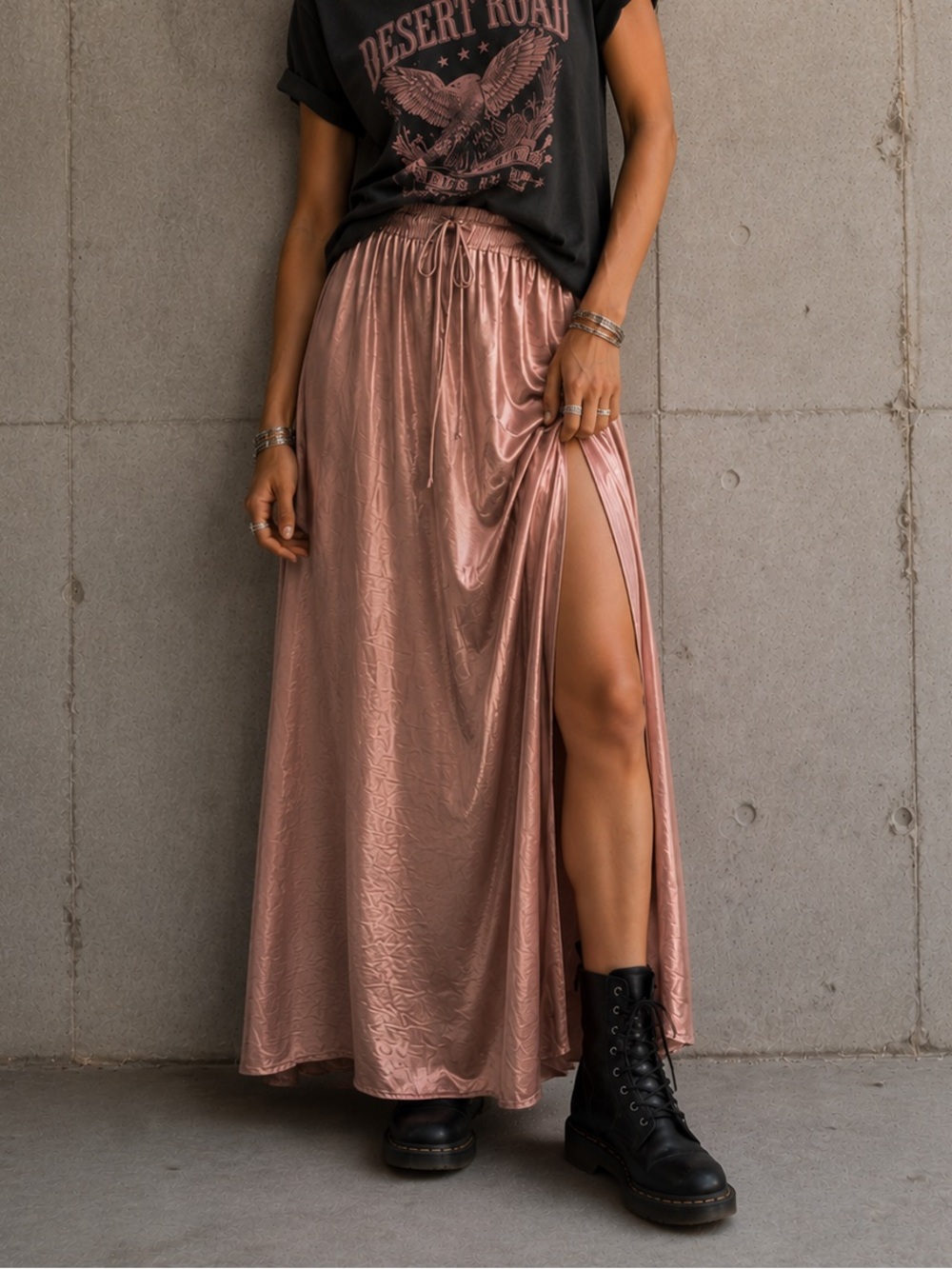 🌷NWT | Hem & Thread | Dusty Rose Hammered Satin Maxi Skirt | High Side Slit | M